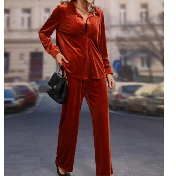 . Pants - Coord set  Button down long sleeve velvet shirt & Pants Set burnt orange